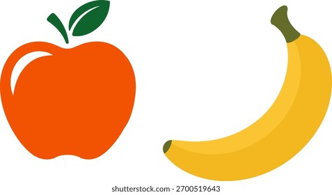 Vector de manzana y plátano: icono de par de frutas estilizadas con hojas y cáscara curva para temas saludables