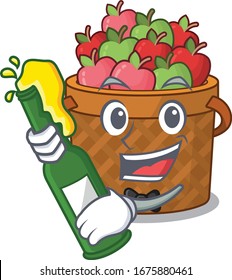 apple basket with bottle of beer mascot cartoon style