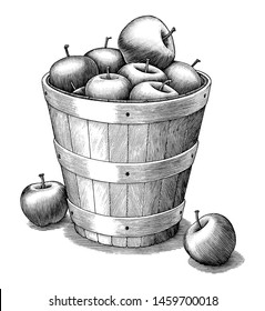 Apple in basket hand drawing vintage style black and white clip art isolated on white background