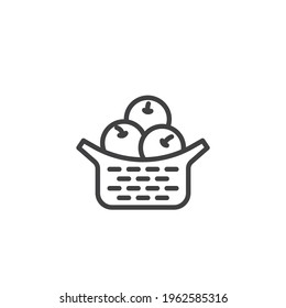 Icono de la línea de cesta de Apple. signo de estilo lineal para concepto móvil y diseño web. Cesta de mimbre con icono vector de contorno de manzanas. Símbolo, ilustración del logotipo. Gráficos vectoriales