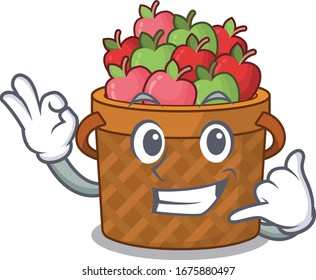 Apple basket mascot cartoon design showing Call me gesture