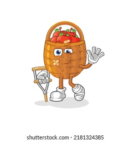 the apple basket sick with limping stick. cartoon mascot vector