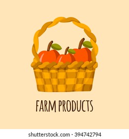 Apple basket vector. Cartoon farm production. Organic fresh farm products. Healthy snack. Organic market store concept. Apple basket vector illustration in cartoon style. Green organic farm products