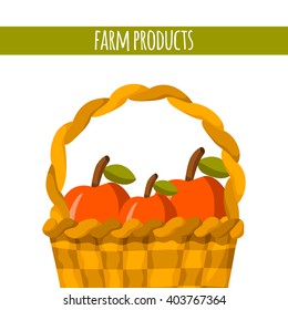 Apple basket vector. Cartoon farm production. Organic fresh farm products. Healthy snack. Organic market store concept. Apple basket vector illustration in cartoon style. Green organic farm products