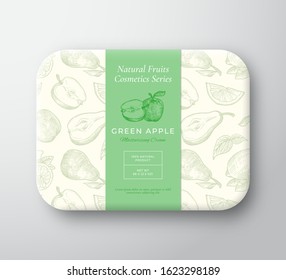 Apple Bath Cosmetics Package Box. Abstract Vector Wrapped Paper Container with Label Cover. Packaging Design. Modern Typography and Hand Drawn Fruits Background Pattern Layout. Isolated.