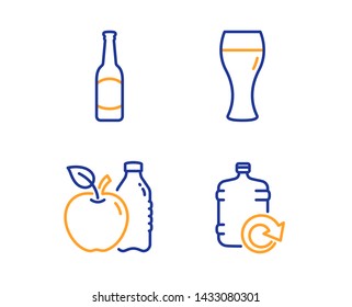 Apple, Beer glass and Beer icons simple set. Refill water sign. Diet food, Brewery beverage, Bar drink. Cooler bottle. Food and drink set. Linear apple icon. Colorful design set. Vector
