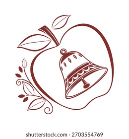 Diseño de contorno de manzana y campana, Vector de tema escolar, regreso a la escuela, símbolo de Educación de Antiguas, Clipart de arte de línea