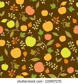 Apple, berries and leaves seamless pattern. Vector illustration with fruits on brown background.