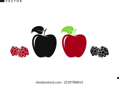 Maçã com silhueta de baga. Vetor de frutas abstrato. Maçã isolada com framboesa e amora 