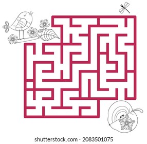 An apple, a bird and a maze on a white background. Coloring book for children. Educational puzzle game.