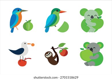 Ilustração de conjunto de arte vetorial de Maçã e Aves 