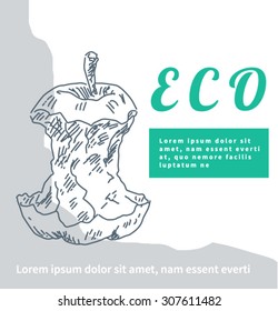 Apple bit core as ecology concept, poster, flyer or template with text, in engraving etching sketch hand drawing style, for food and eco design