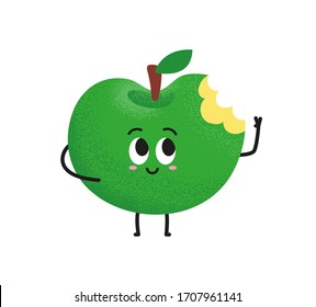 Apple con mordedura. Dibujo vectorial de caricatura de manzana verde para niños. Sano y feliz personaje de fruta con cara sonriente. Ideal para los niños y los libros de gastronomía. Ondeando manzana.