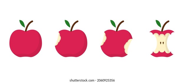 Apple Bite Stage Concept. Set of Red Apples with Leaf on White Background. Step of Eating Apple from Whole to Half and Core. Healthy Fresh Organic Food. Isolated Vector Illustration.