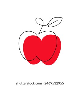 Apple black contour drawing with abstract color spot. Fruit line art style minimalist silhouette. Continuous vegan food concept design. Hand drawn one line flat vector illustration isolated on white