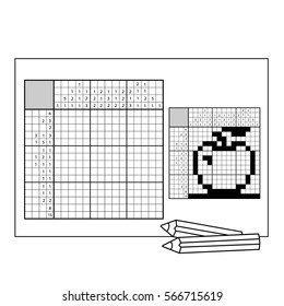 Apple. Black and white japanese crossword with answer. Nonogram with answer. Graphic crossword. Puzzle game for any age.
