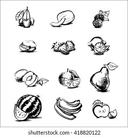 apple, blackberry, apricot, watermelon, banana, kiwi, orange,
cantaloupe, cherries, strawberries, kgrusha, lemon, fruit and ovozi watercolor vector set of icons