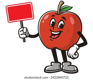 Apple with blank sign board cartoon mascot illustration character vector clip art hand drawn