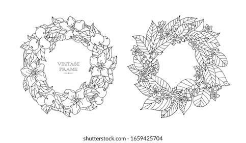 Apple bloom, forest flowers wreath. Vector. Coloring book page for adults. Hand drawn artwork. Love bohemia concept for wedding invitation, card ticket, branding, boutique logo label. Black and white.