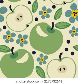 Apple with blooming and dots flat seamless pattern. Eco farming fruit with flowers spots and leaves. Trendy juice repeat vector illustration