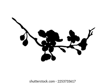 Silhouette monochrome à plat, branche de fleur de pomme sur fond blanc. Illustration vectorielle dessinée à la main.