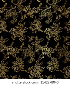 apple blossom branch vector seamless japanese chinese pattern gold black traditional