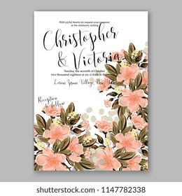 Apple blossom greenery bouquet bride wedding invitation template design. Vector floral template background for party celebration bridal baby shower anniversary congratulation greeting card