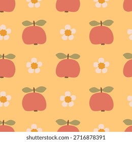 Apfelblüte nahtloses Muster. Niedlicher, minimalistischer, handgezeichneter Fruchthintergrund mit blühenden Blumen und Blättern. Spielerische Sommer Frühling Vektorgrafik
