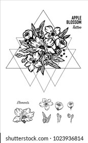 Apple Blossom Tattoo Design Blackwork tattoo flash. Highly detailed vector illustration isolated on white. Tattoo design. New school dotwork, lineart. Print, posters, t-shirts and textile.