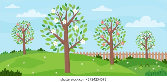 Los manzanos florecen en el jardín en primavera. Huerto de primavera. Ilustración vectorial, estilo plano. 
