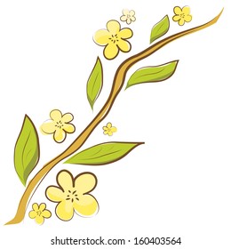 Apple blossom. Vector branch with green leaves and flowers