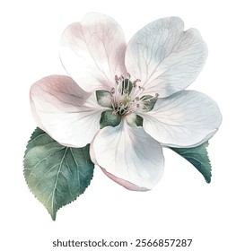 Apple blossom vector flower with soft pink and white petals. Spring tree blossom detailed flower with central stamen and green leaves. Five gentle white pink petals. Leaves with delicate veins.