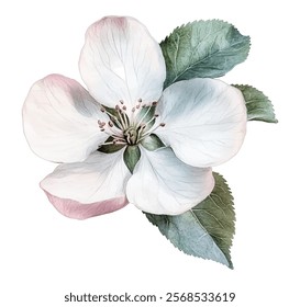 Apple blossom vector flower with soft pink and white petals. Spring tree blossom detailed flower with central stamen and green leaves. Five gentle white pink petals. Leaves with delicate veins.