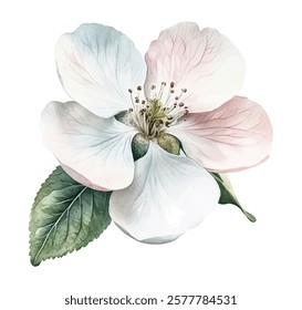 Apple blossom vector flower with soft pink and white petals. Spring tree blossom detailed flower with central stamen and green leaves. Five gentle white pink petals. Leaves with delicate veins.