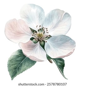 Apple blossom vector flower with soft pink and white petals. Spring tree blossom detailed flower with central stamen and green leaves. Five gentle white pink petals. Leaves with delicate veins.