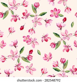 Apple blossom watercolor seamless pattern. Beautiful vector hand drawn texture. Romantic background for web pages, wedding invitations, textile, wallpaper. Vector.