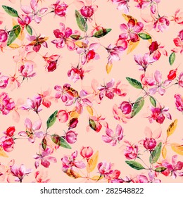 Color de agua de manzana en flor sin fisuras. Hermosa textura vectorial dibujada a mano. Antecedentes románticos para páginas web, invitaciones de boda, textil, papel tapiz. Vector aislado en fondo rosa.