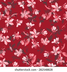 Apple blossom watercolor seamless pattern. Beautiful vector hand drawn texture. Romantic background for web pages, wedding invitations, textile, wallpaper. Vector, Isolated on wine red background.