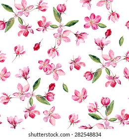 Apple blossom watercolor seamless pattern. Beautiful vector hand drawn texture. Romantic background for web pages, wedding invitations, textile, wallpaper. Vector, Isolated on white background.