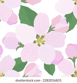 Apple blossoms with green leaves on a white background. Seamless vector pattern.