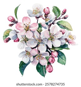 Apple blossoms in soft pink and white hues detailed vector illustration. Apple tree branch with flowers. Delicate spring petals, green leaves, and budding flowers in a watercolor style