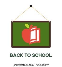 Apple and book icon in hanging green board. Back to school typography