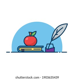 Apple, Book and Ink Vector Illustration. Apple On Top Of The Book And Ink On The Right Isolated On White Background. Suitable For Banner, Web Landing Page And More.