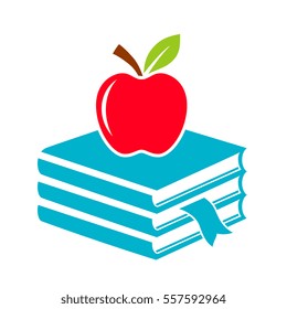 Apple and books, abstract school icon isolated on white background