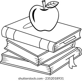 Apple and Books for Coloring Page. Science and education. Vector Illustration of Red Apple Lying on School Books