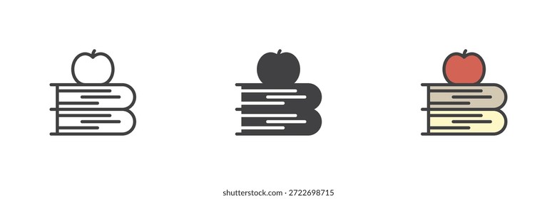 Apple com livros ícone de estilo diferente conjunto simbolizando a educação. Sinal e símbolo do vetor de cor de contorno sólido e preenchido. Pacote de ícone clássico para escola, aprendizagem e conceitos de ícone de livro.