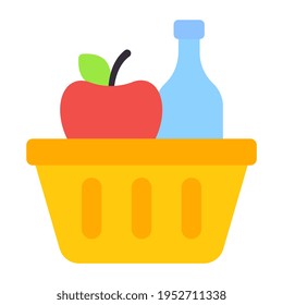 Apple y botella dentro del cubo, icono de la canasta de comestibles