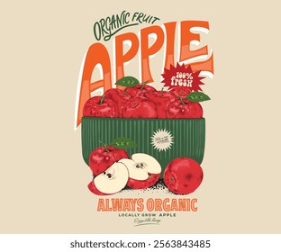 Apple bowl. Fresh apple fruit print. Nature fruit print design. Organic food artwork for for t-shirt. Fruit vintage t-shirt design. Sweet and juicy apple fruit artwork.