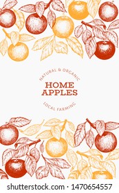 Apple branch design template. Hand drawn vector garden fruit illustration. Engraved style fruit frame. Vintage botanical banner.