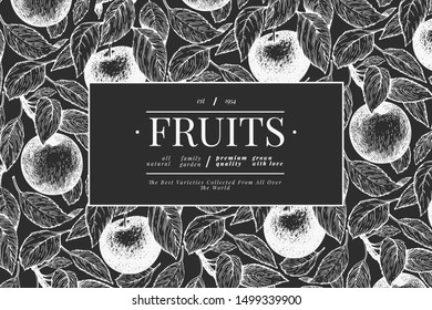 Apple branch design template. Hand drawn vector garden fruit illustration on chalk board. Engraved style fruit frame. Vintage botanical banner.